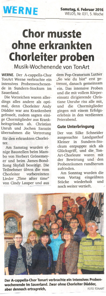 Ruhr-Nachrichten 6.2.2016: "Chor musste ohne erkrankten Chorleiter proben"
