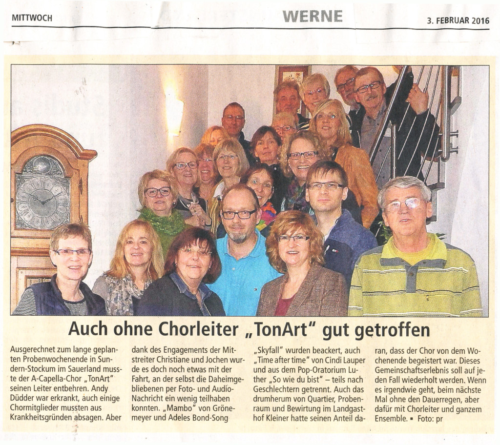 Westfälischer Anzeiger 3.2.2016: "Auch ohne Chorleiter 'TonArt' gut getroffen"