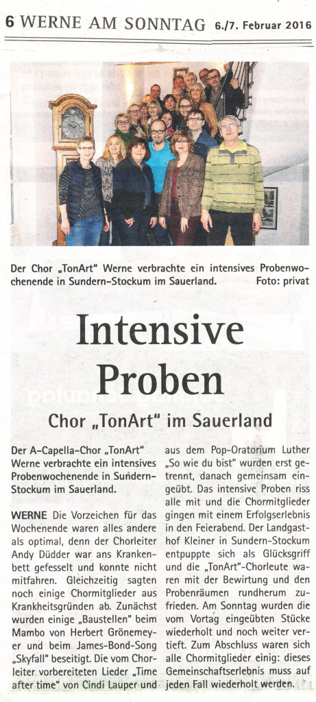 Werne am Sonntag 6./7.2.2016: "Intensive Proben - Chor 'TonArt'' im Sauerland"